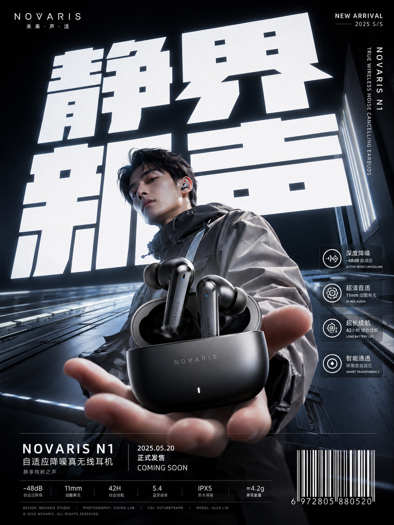 请生成一张竖版 3:4 的高清商业广告海报，单张图片，不要拼图。 主题是[产品类型]新品推广海报，原创虚构品牌，不要出现真实品牌 Logo。 品牌名：[品牌名]
