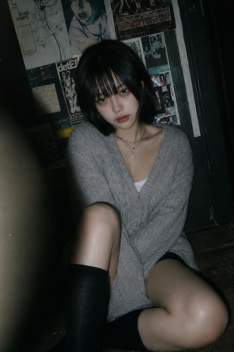 { "subject": { "description": "A young adult woman sitting in a dim indoor corne