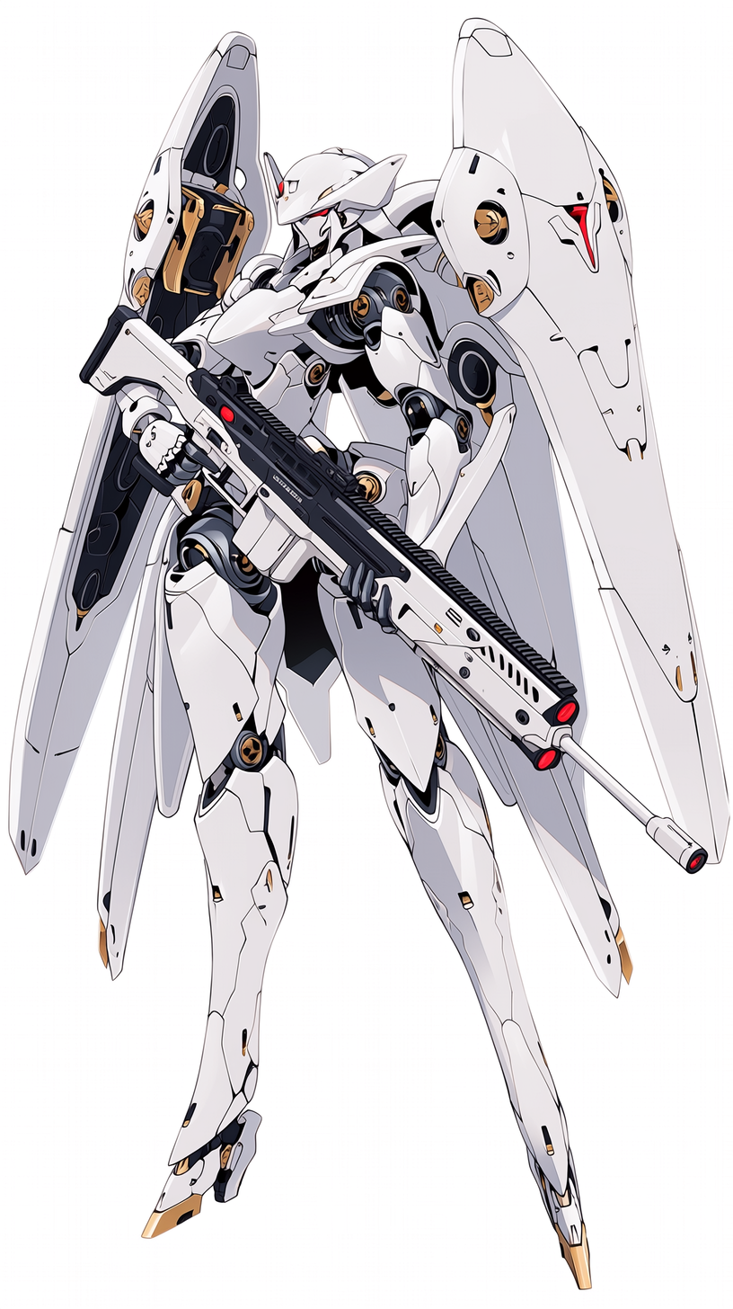超高精細な全身メカコンセプトアート。エレガントで高級感のある白い女性型テンプラー風メカ騎士。上品なアニメ調メカデザイン、優美で細身の高貴なシルエット、極端に長い