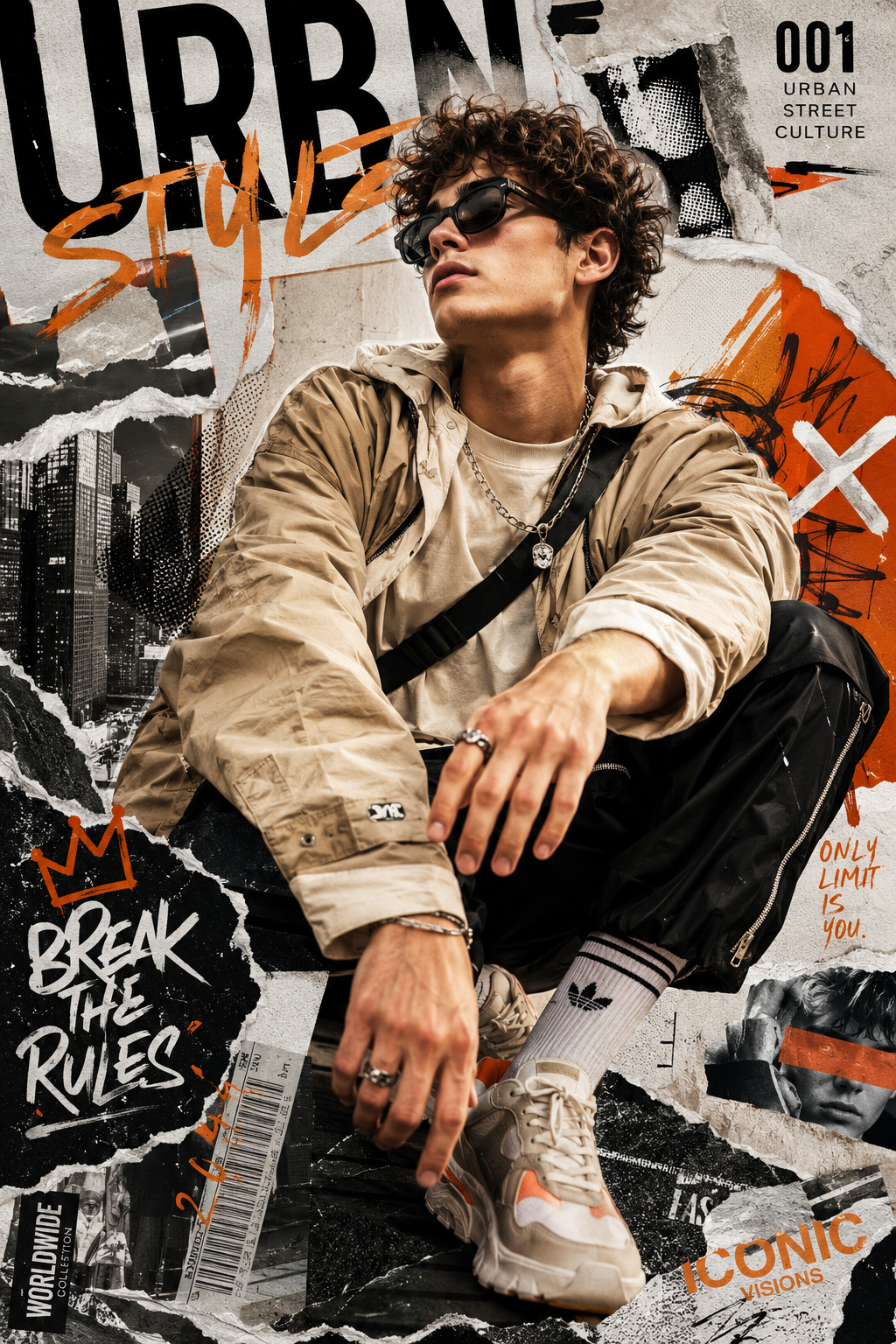 Create a high-resolution 8K portrait poster in an Urban Fashion Editorial Collag