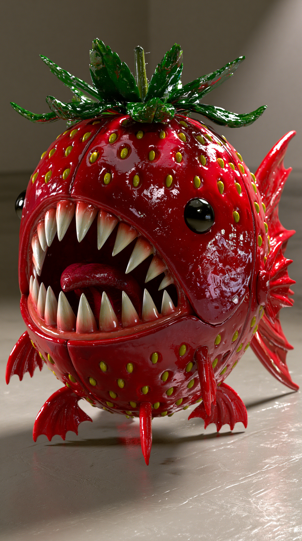 glossy 3D toy render of a giant shiny strawberry with a toothy piranha mouth, ag
