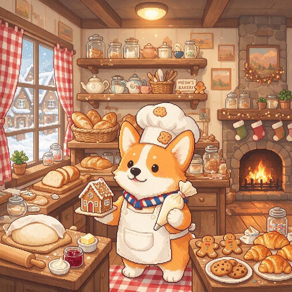 Cute pixel-art corgi-baker