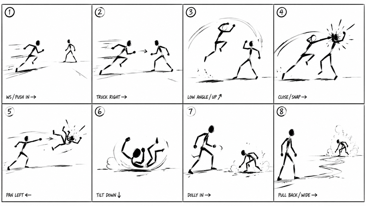 Create a director-style PREVIS action storyboard focused on 8 continuous action