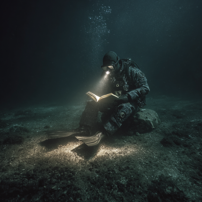 professional underwater deep-sea photography of a vintage deep-sea diver sitting