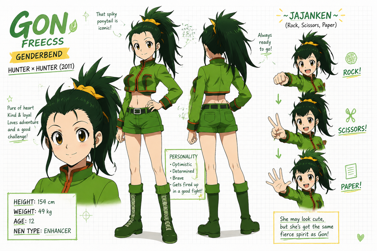 Create a wide, horizontal character reference sheet featuring genderbend Gon fro