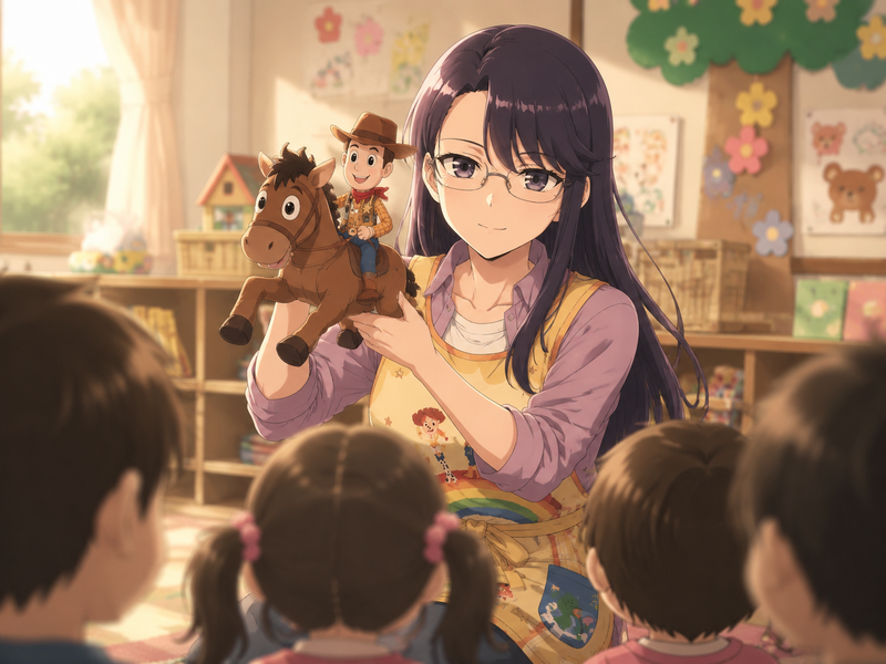 美麗な2Dアニメーションスタイル(2D anime style)で描かれた、幼稚園の教室(Kindergarten classroom)での、心が温まる日常のワ