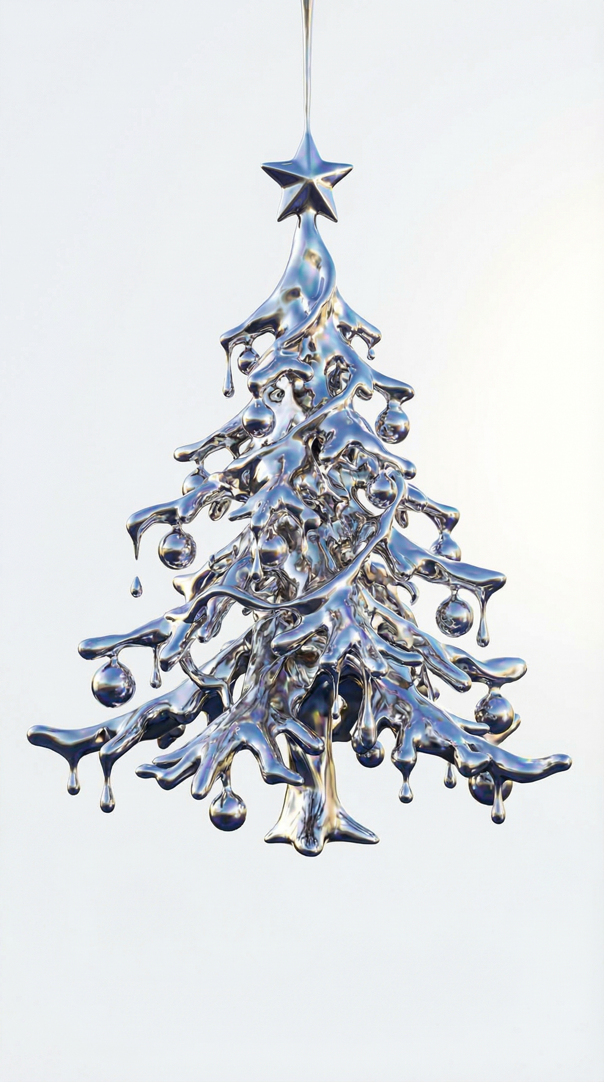 A 3D rendering of a Christmas tree shape forming by a liquid silver material, fl