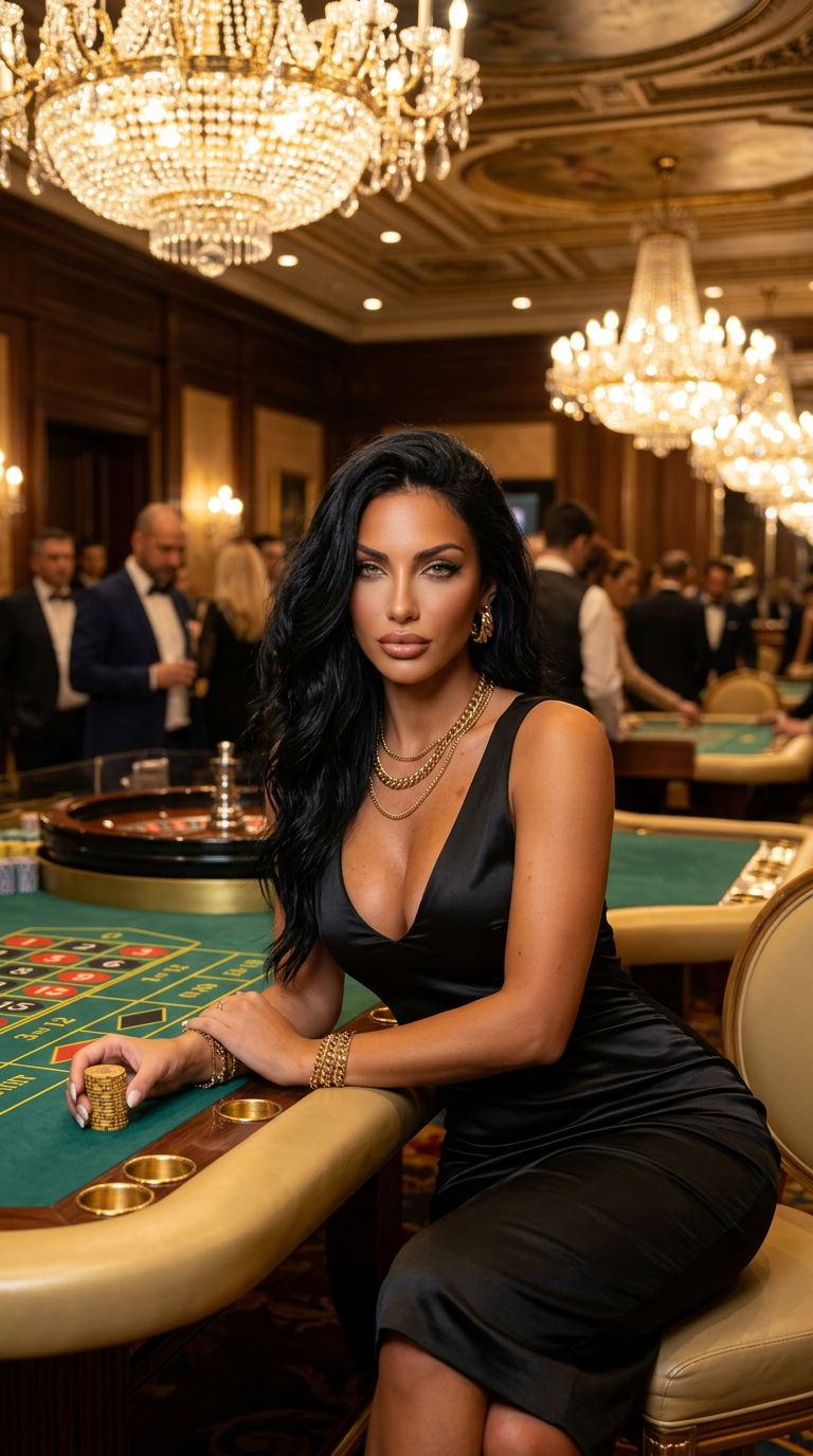 { "concept": "Monte Carlo casino night — Alessia at the roulette table, the room