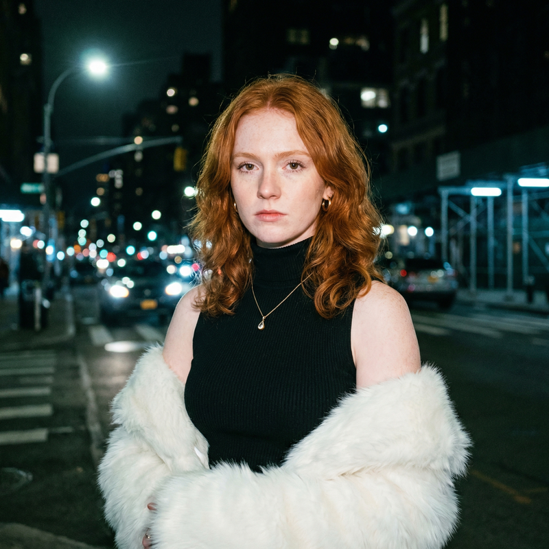 { "subject": { "description": "Young woman with distinct copper-red hair and fai
