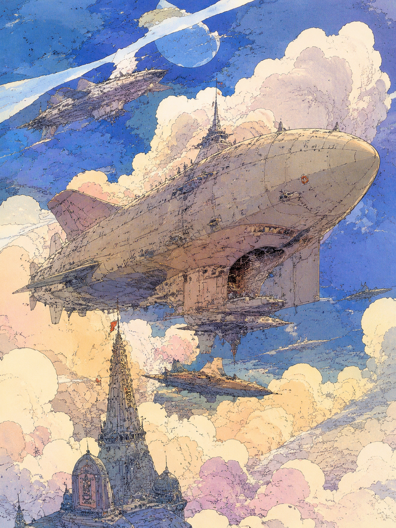 Moebius (Jean Giraud)风格,极繁主义,极致表现力,浪漫感,细节完美,大师杰作。 Futuristic Airship Flying Thro