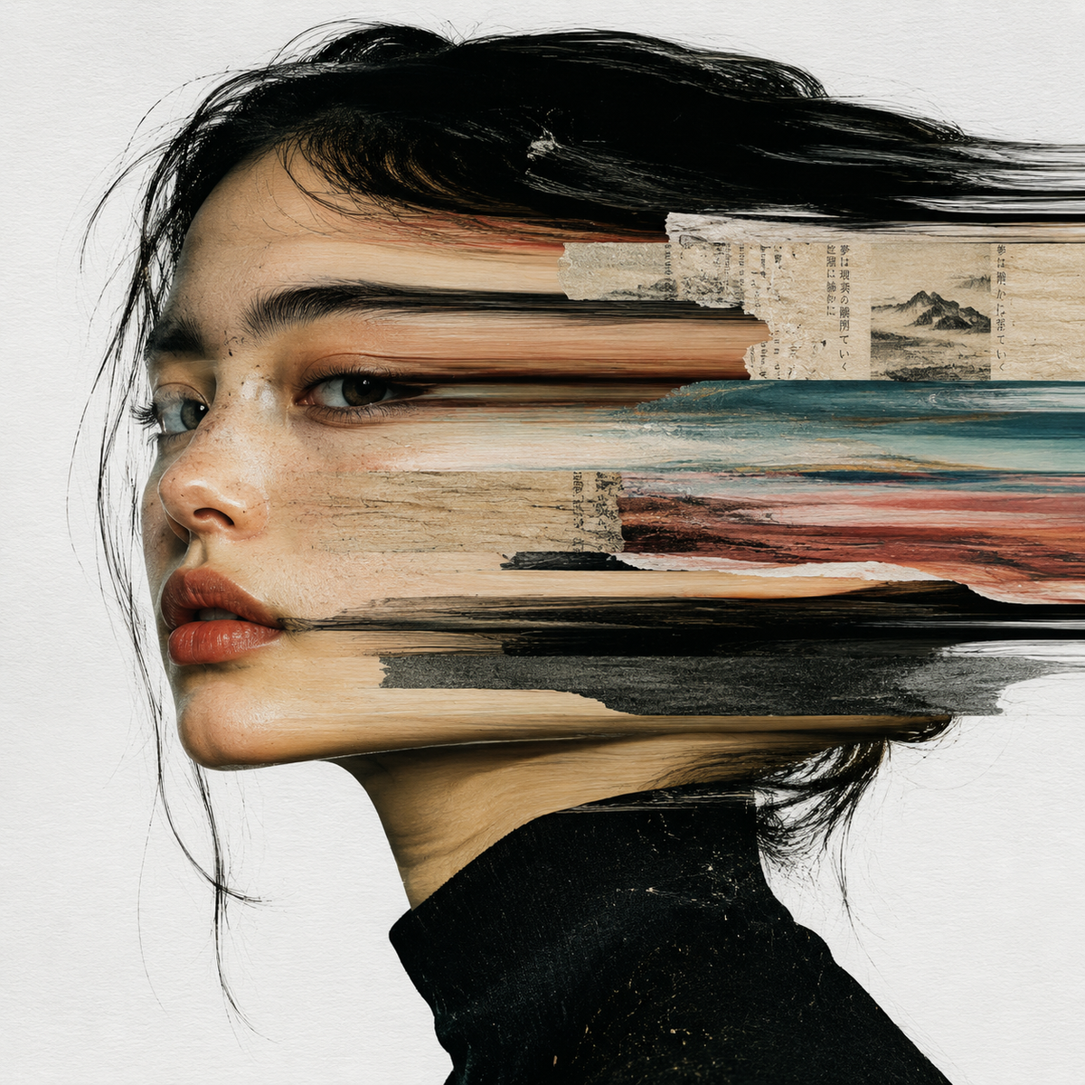 A surreal mixed-media portrait of [PERSON], set against a clean, plain white bac
