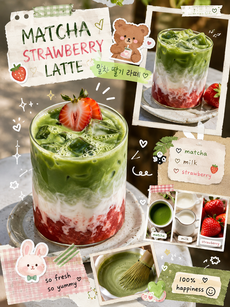 Cute scrapbook-style food photography poster, aesthetic matcha latte drink flatl