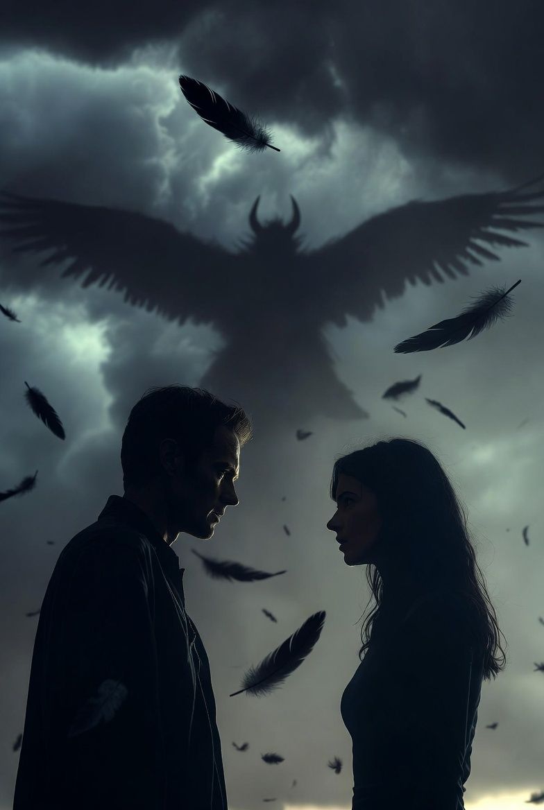 Two people beginning to argue while black feathers drift through the air, storm