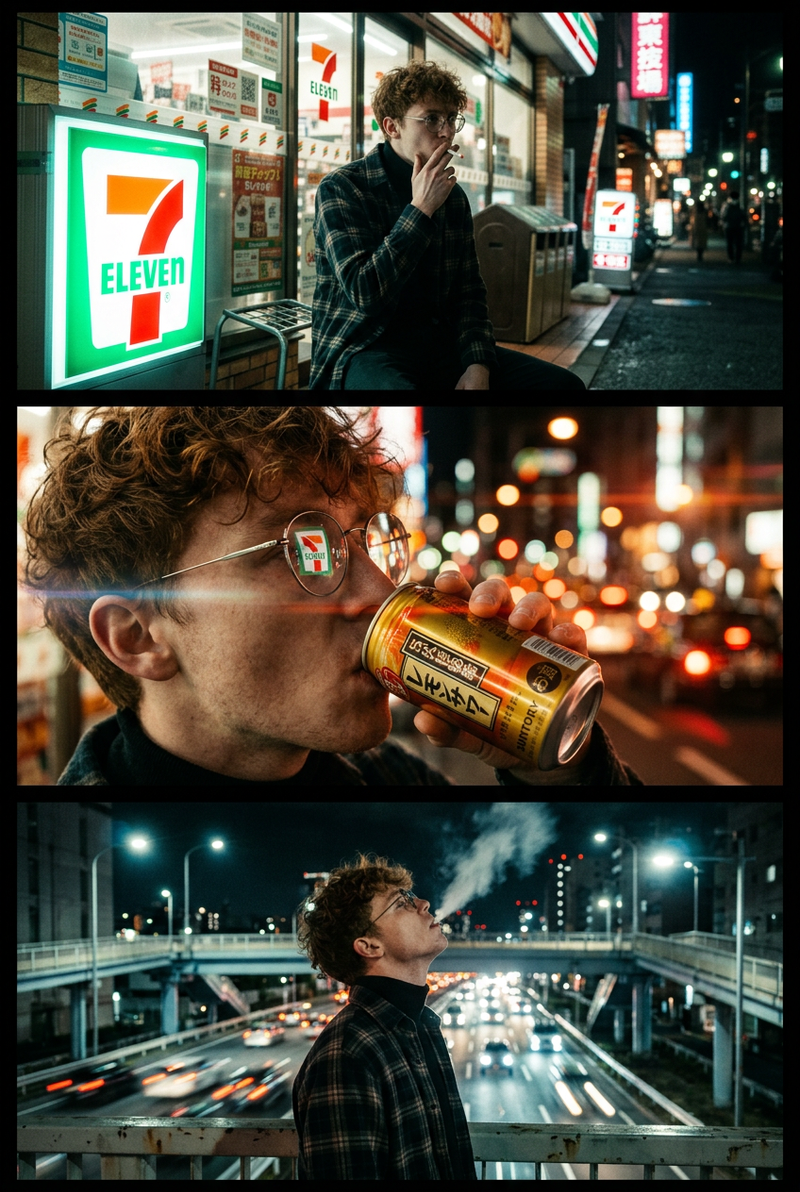 A vertical triptych of three cinematic, night-time urban photographs featuring a