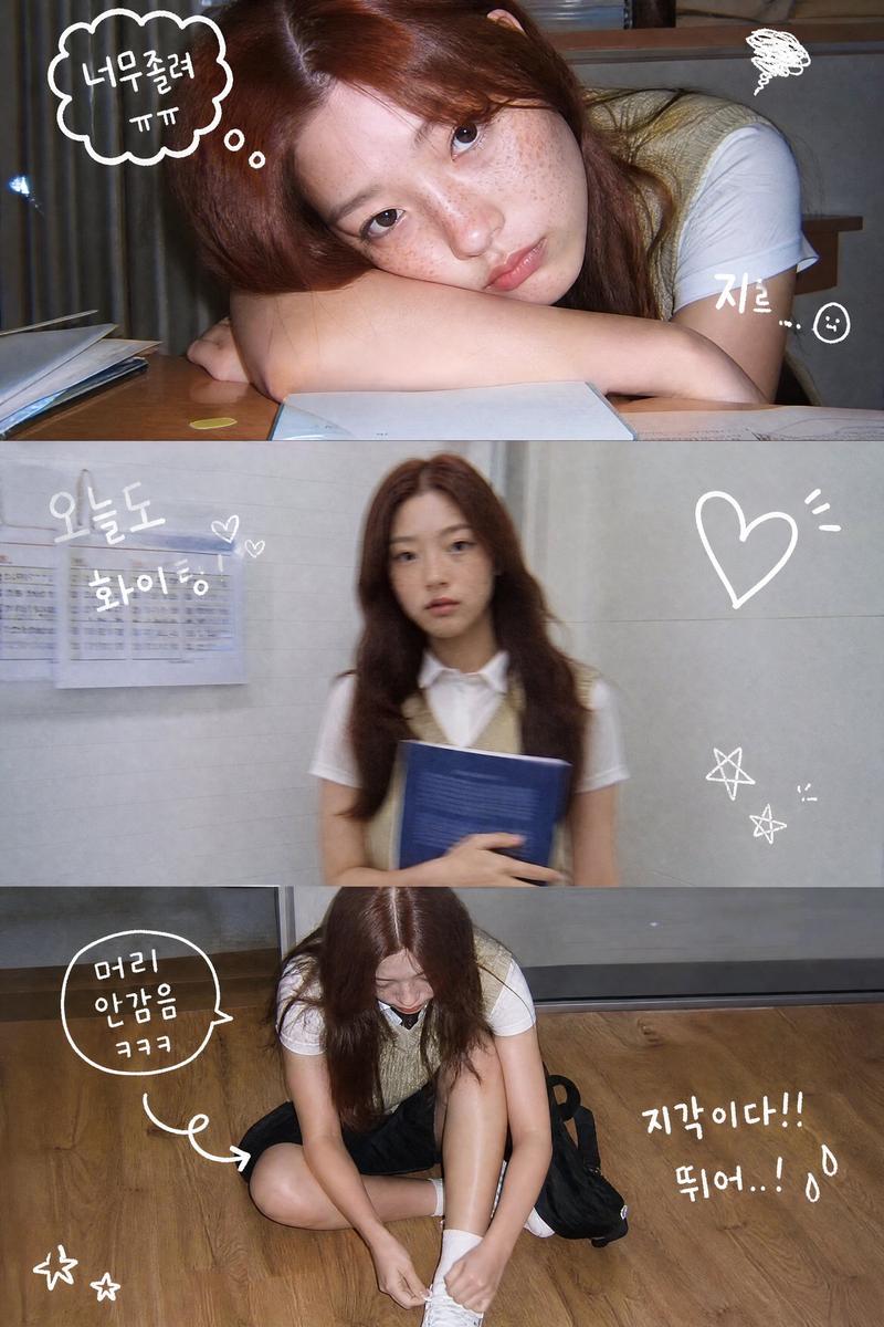 {"layout":"vertical 3-panel college photo strip","subject":"长发女孩穿着米色针织背心...