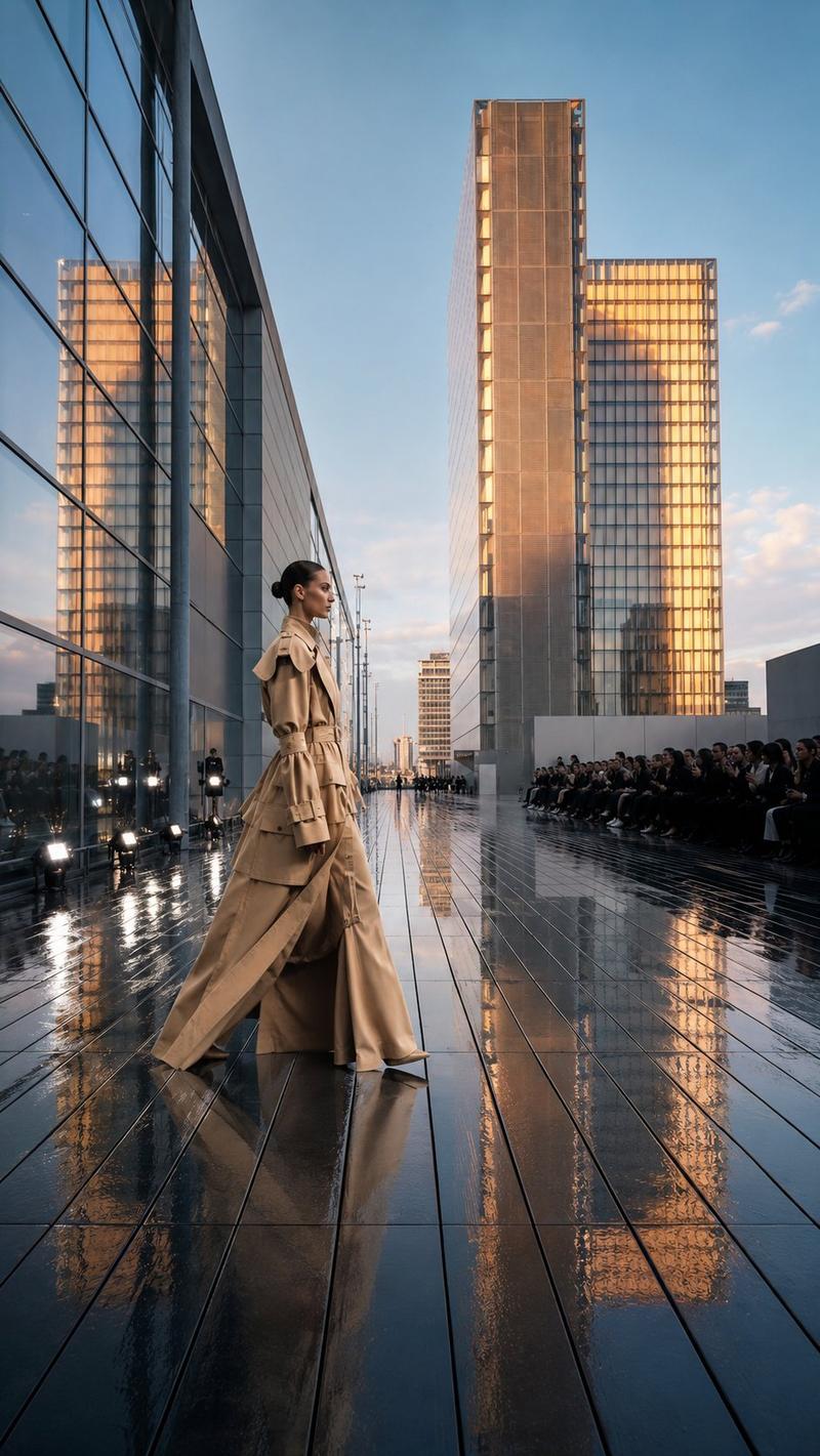 GPT Image 2 on ChatGPT 提示 一位年轻成年女性模特站在现代城市建筑广场中央,正面朝向镜头,几乎全身入镜,位于画面正中,采用...