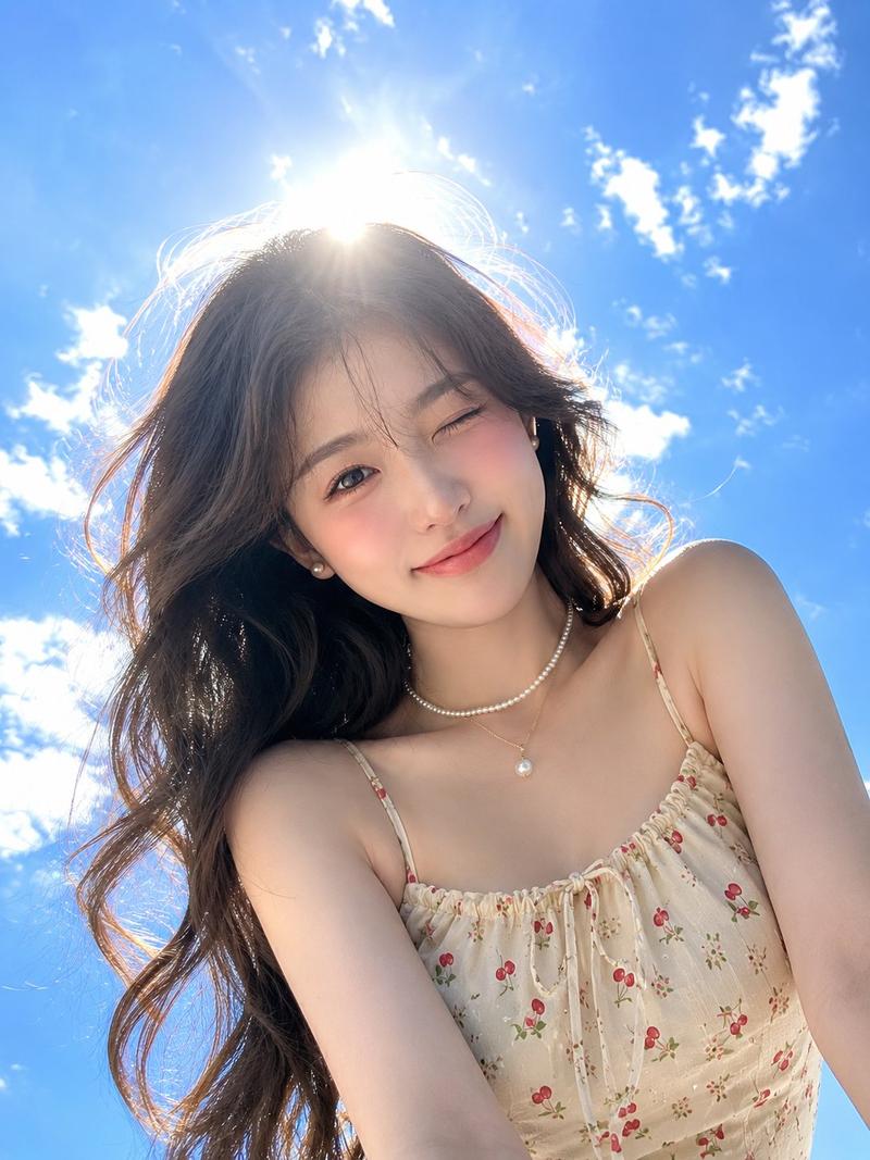 超现实的中近距离肖像,描绘一位可爱美丽的年轻女子,从极低角度视角捕捉,她低头望向镜头,背景是广阔的夏日天空。明亮、俏皮、发光氛围,带有电影般的真...