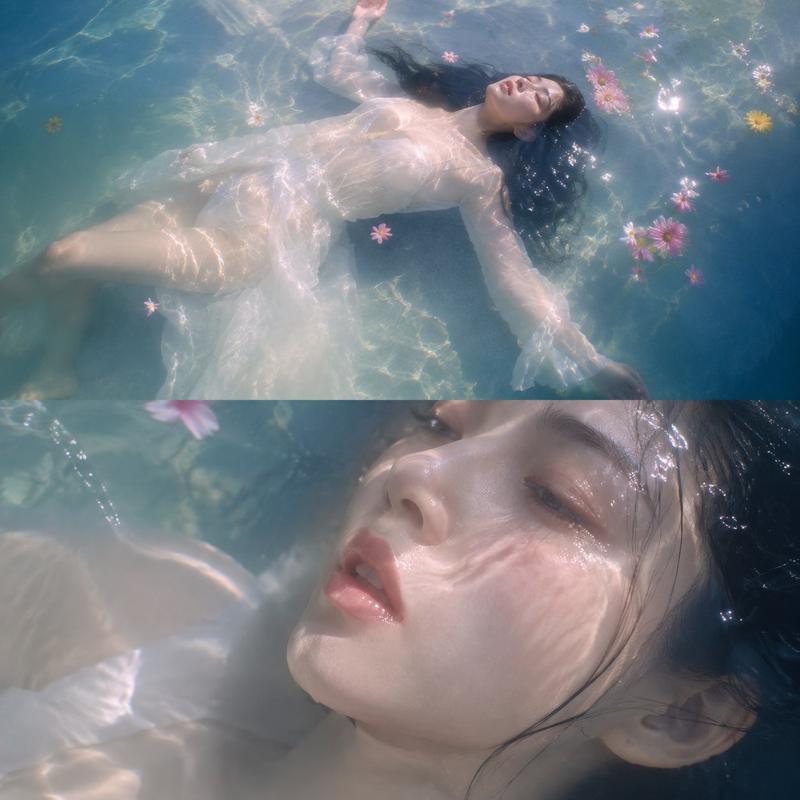真人摄影,梦幻朦胧感、水波折射、湿润反光、轻微胶片颗粒。上下双画面拼接的水中人像写真:上半部高机位俯拍远景,年轻美女穿白色轻薄衣裙仰面漂浮在浅水...