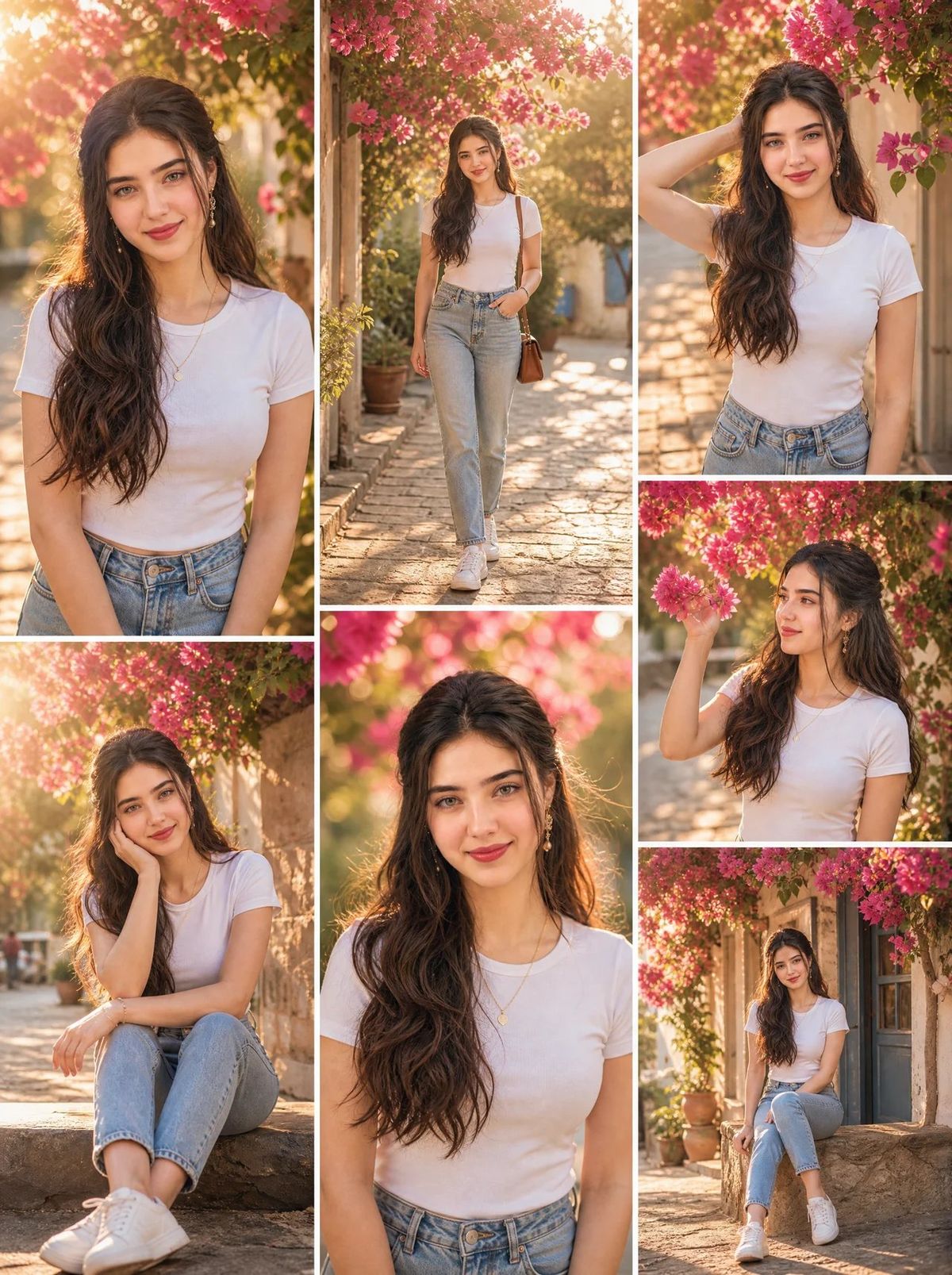 A premium cinematic editorial photo collage featuring the same beautiful...