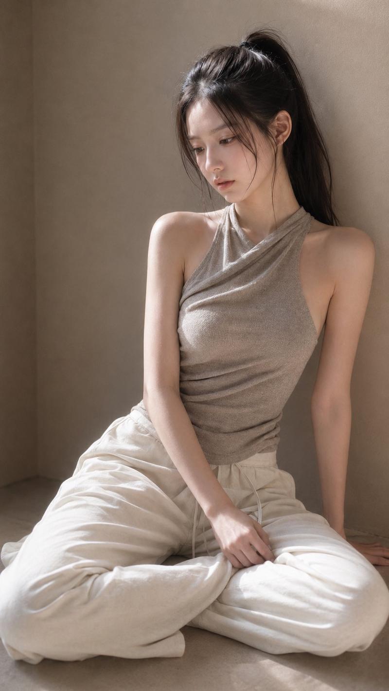 GPT Image 2 on ChatGPT Prompt 一位年轻成年东亚女性坐在极简室内空间的浅色微水泥地面，身体轻轻倚靠米灰色微水泥墙面。...