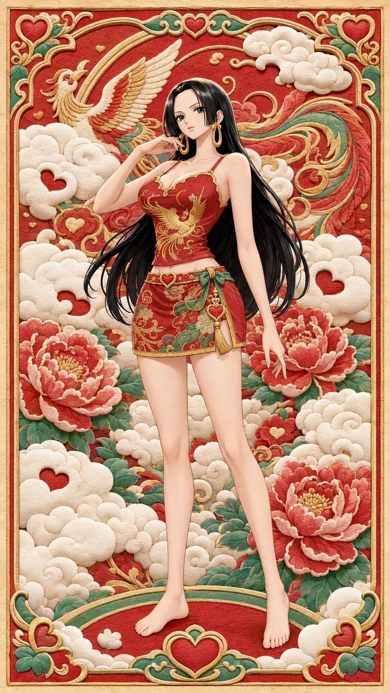 混合出了有趣的风格! 风格炼金术:{年画 + 棉花糖} ONE PIECE girls~ --- 请使用下面的prompt生成8张独立的图片(注...