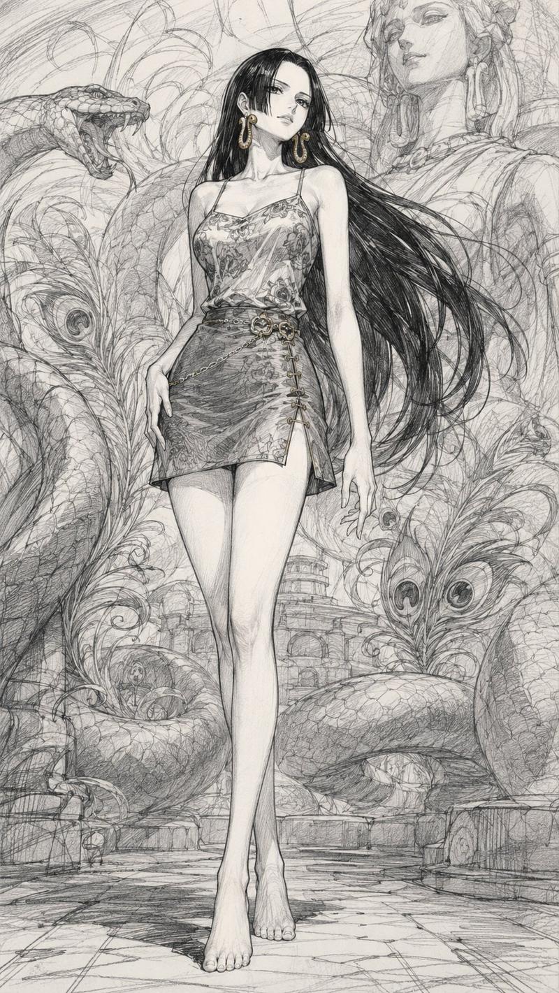 风格炼金术:{极繁线条+铅笔画+速写写生} ONE PIECE girls~ --- 请使用下面的prompt生成8张独立的图片(注意,不是多张...