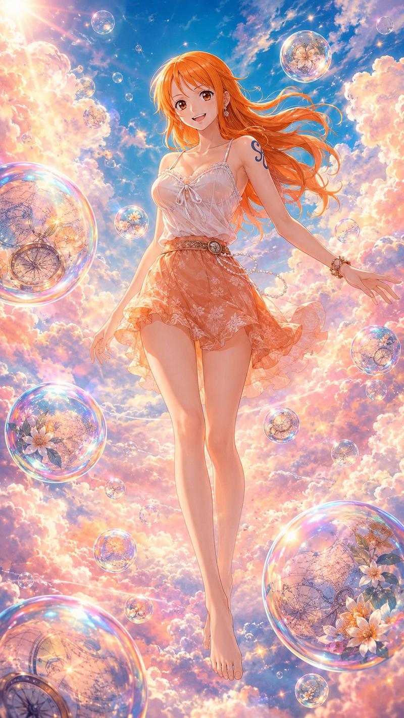 风格炼金术:{肥皂泡+云朵+梦幻笔触} volume --> ONE PIECE --- 请使用下面的prompt生成8张独立的图片(注意,不是...