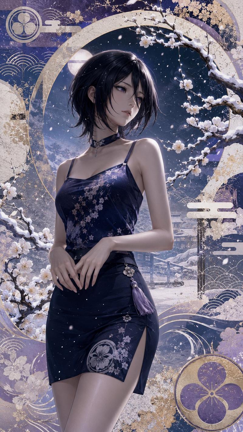风格炼金术:{极繁主义+浮世绘+半写实} volume -> BLEACH girls --- 请使用下面的prompt生成8张独立的图片(注意...