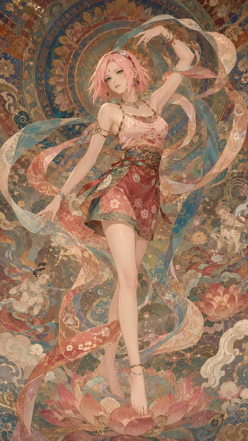 风格炼金术:{极繁主义+半写实+线描+敦煌风} volume -> NARUTO girls~ --- 请使用下面的prompt生成8张独立的图...