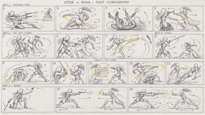 Choreography Sheet prompt in GPT Image 2: A 16:9 fight-choreography stor...