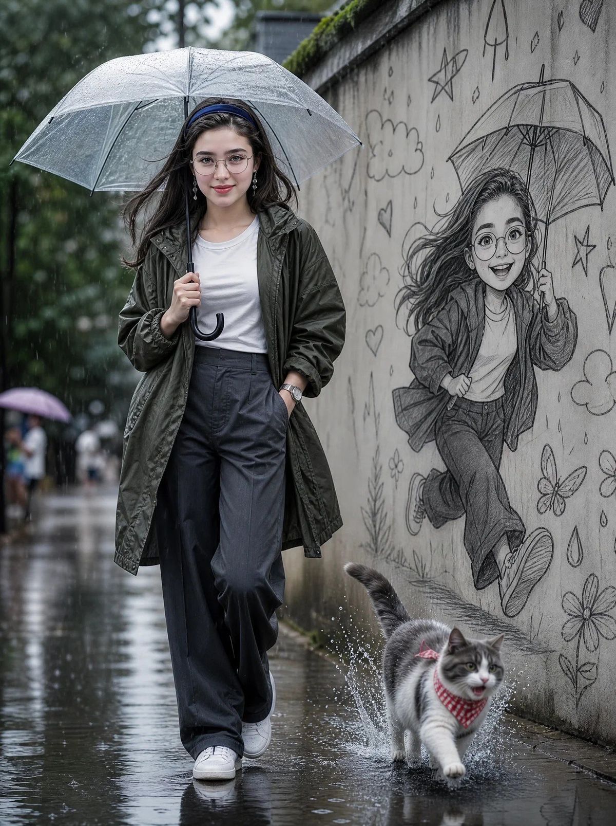 创作一幅电影般的超现实雨天街头肖像,描绘一位美丽的年轻女子自信地走在湿漉漉的道路上,手持透明雨伞。她身穿一件深橄榄绿色的超大号雨衣,内搭一件简约...