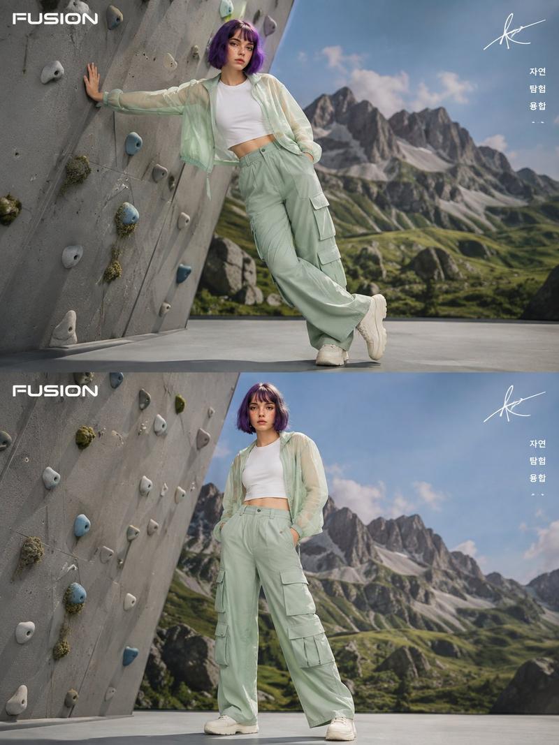 Create two separate high-fashion outdoor sports editorial images featuri...