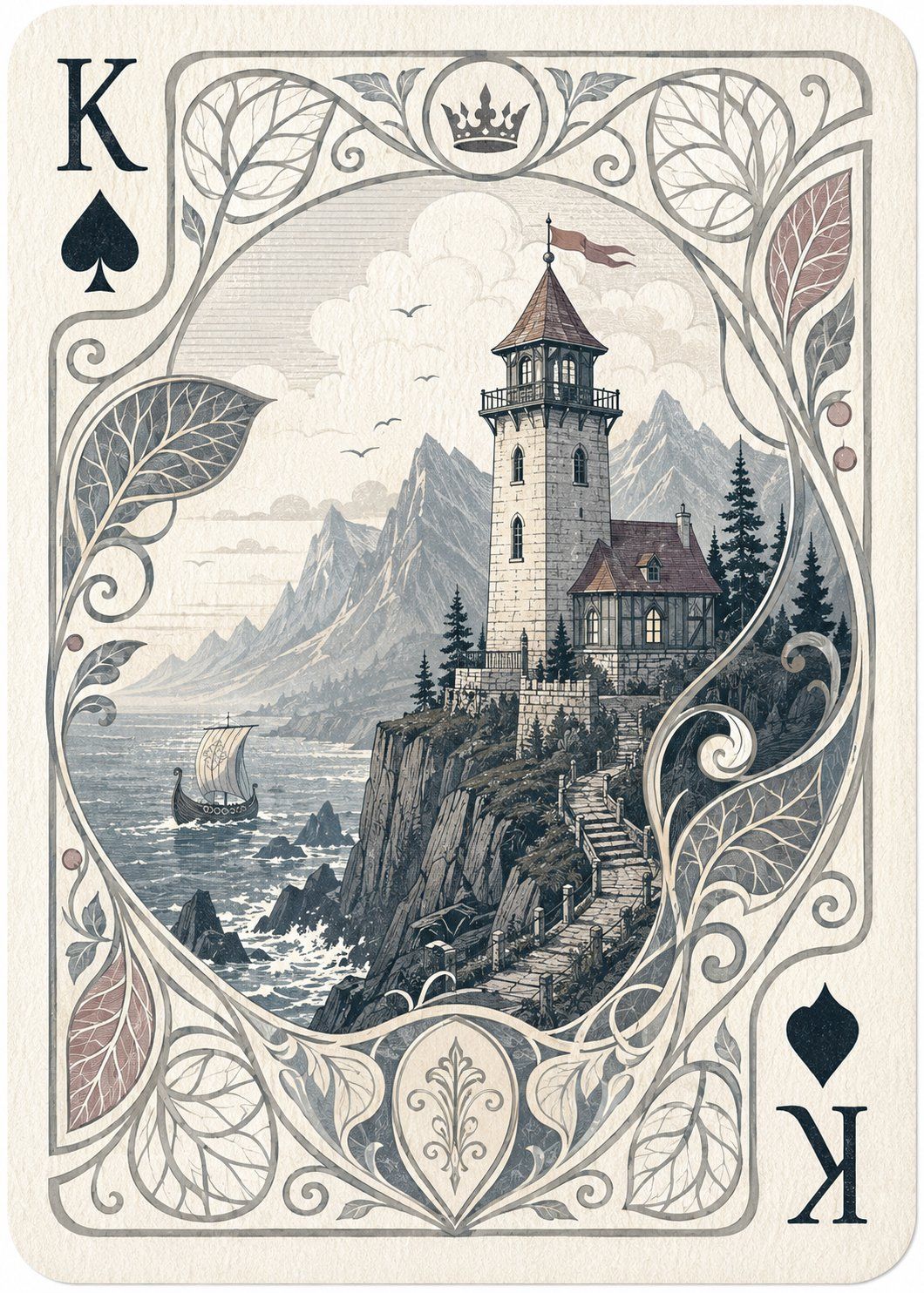 用AI 设计了几张扑克牌很美丽,提示词如下: 复古艺术新潮(Art Nouveau)扑克牌设计,竖版完整卡面,米白色旧纸张纹理,圆角卡牌,细腻手...