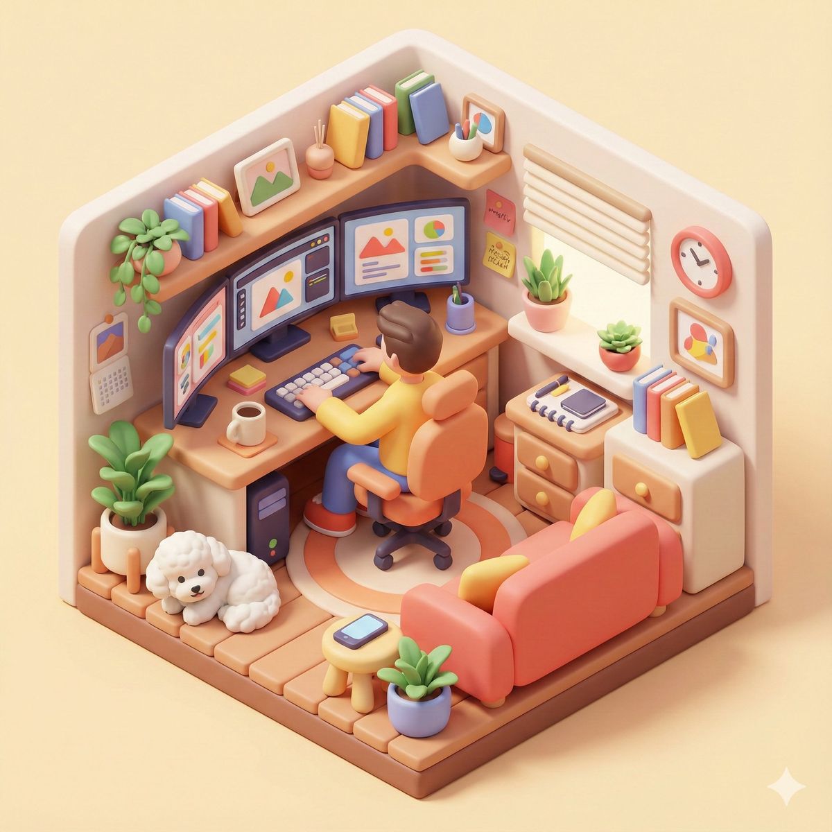 在家办公的3D等距视角插画