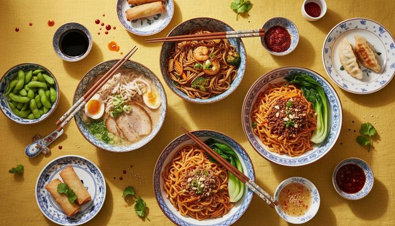 亚洲美食摄影:黄色桌布上的多款面条摆盘