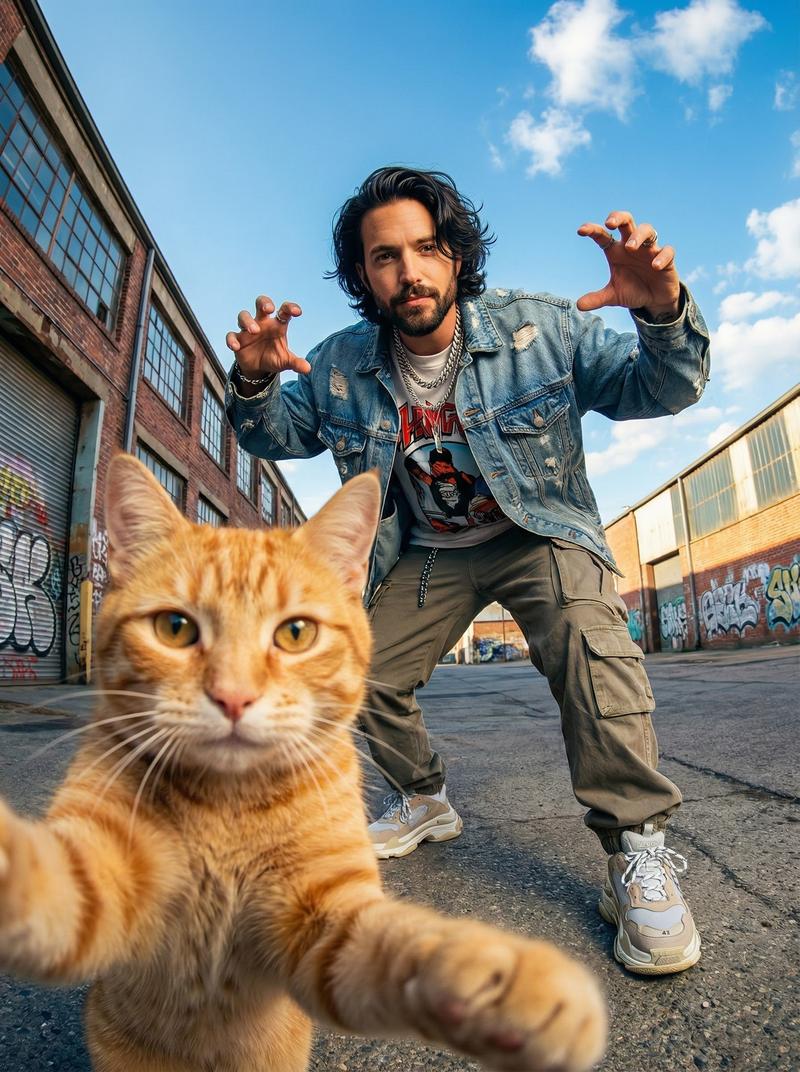 捕捉街头野生时刻：与淘气的猫咪一起拍一张逼真的自拍