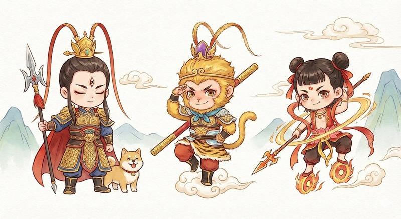 中国神话角色插画:二郎神、孙悟空、哪吒Q版组合