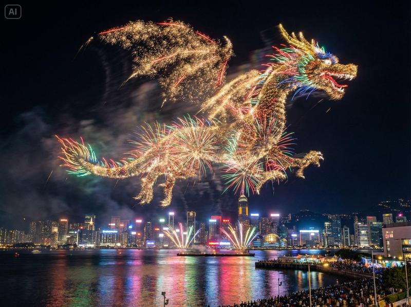 夜空中的水上城市烟花