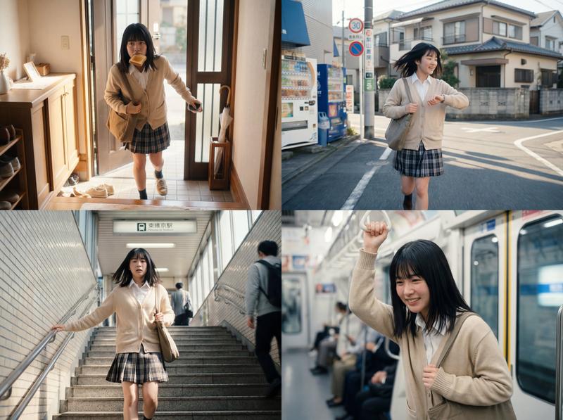 四宫格：日系少女赶地铁