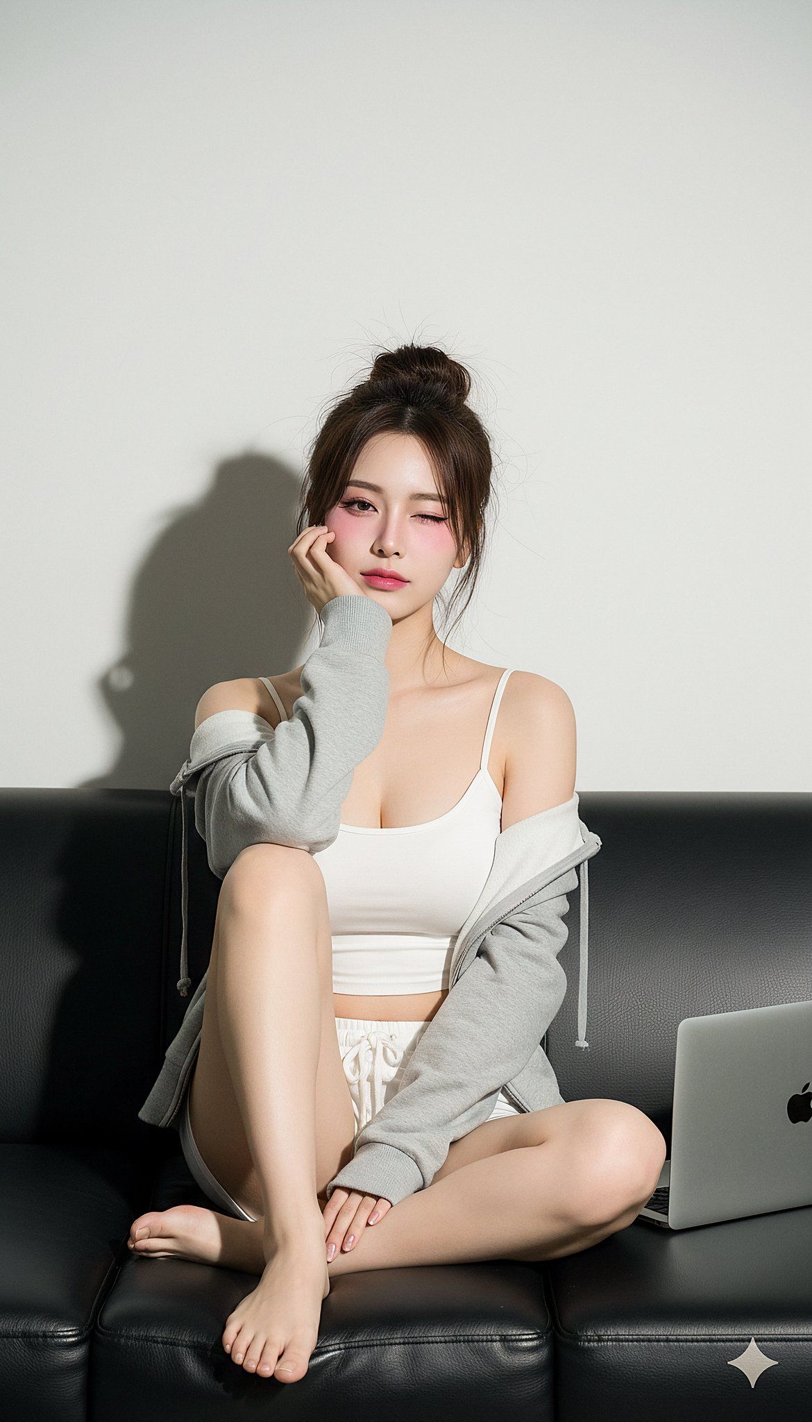 女生坐沙发上