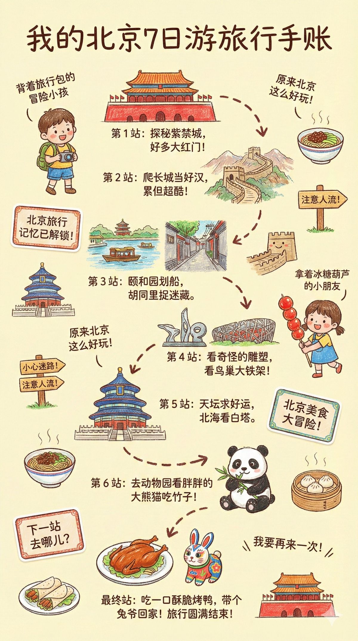 儿童蜡笔风格旅行日志插画
