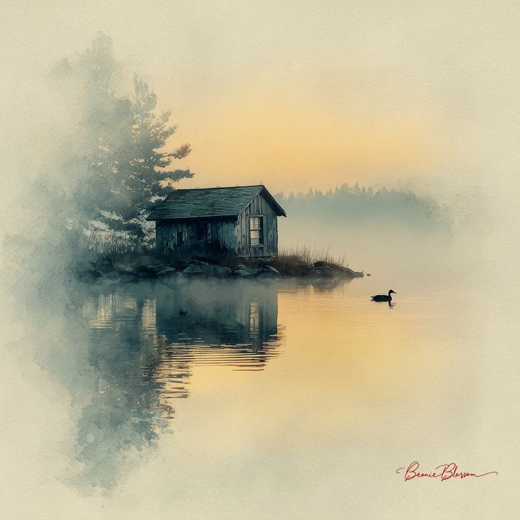 清晨湖畔小木屋