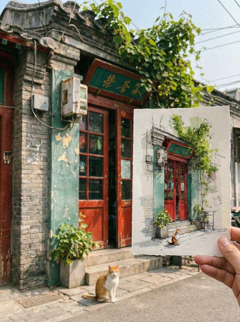 纳米香蕉:胡同与猫的手绘稿与真实场景对比