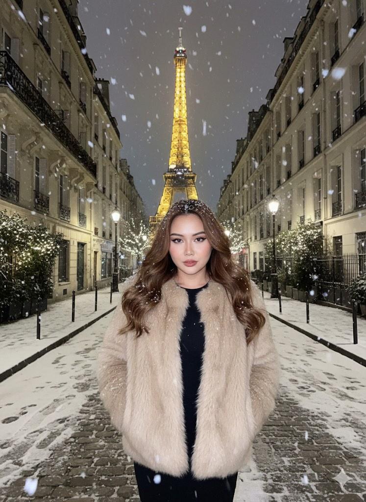 巴黎雪夜,倩影映雪