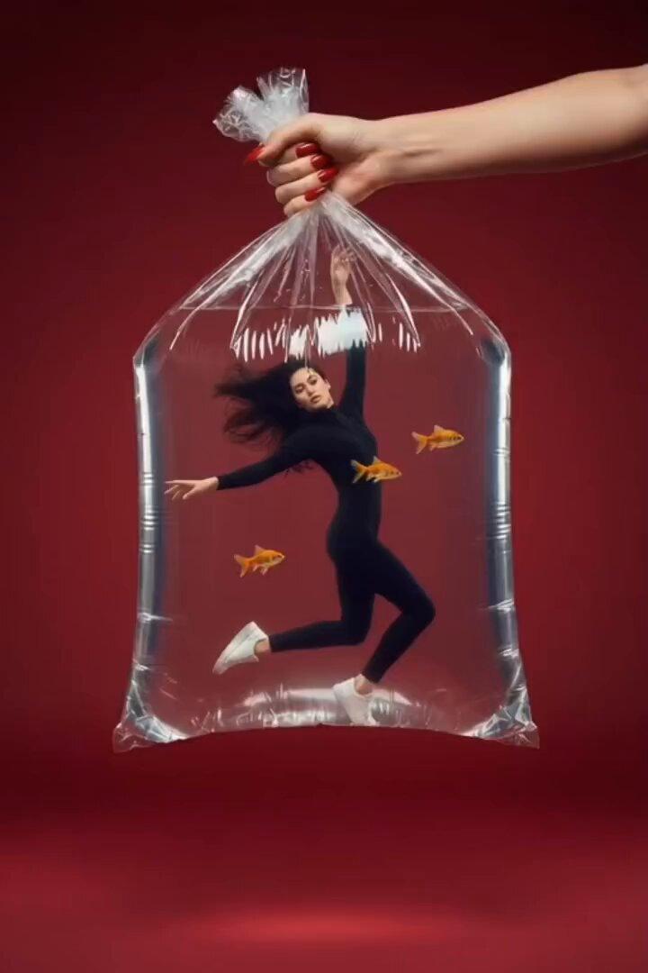 超现实时尚摄影:年轻女性漂浮在巨型透明塑料水袋中