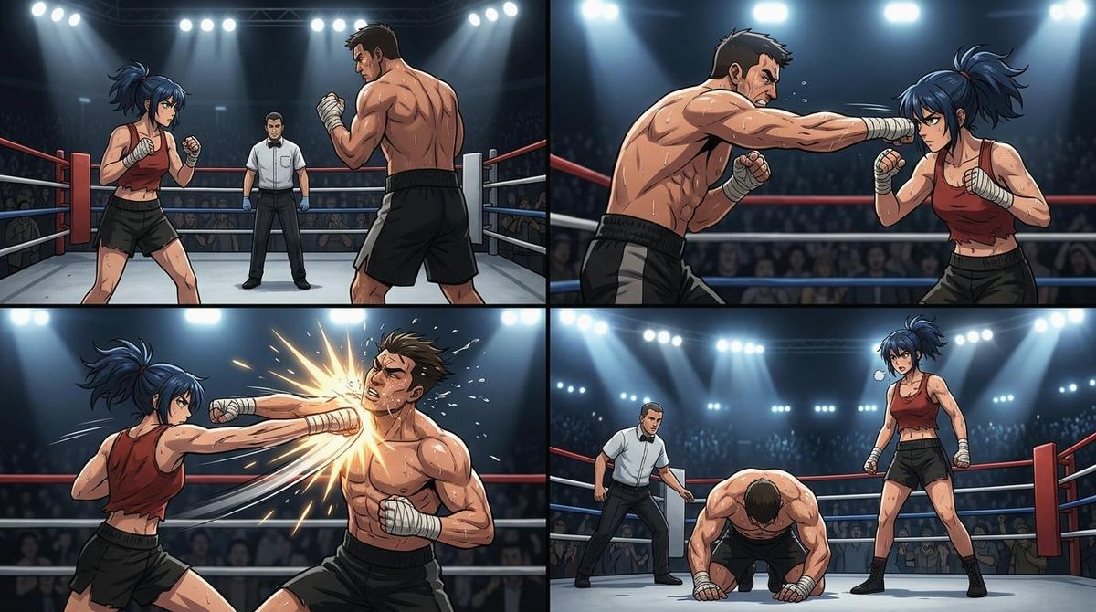 四格漫画风格拳击击倒