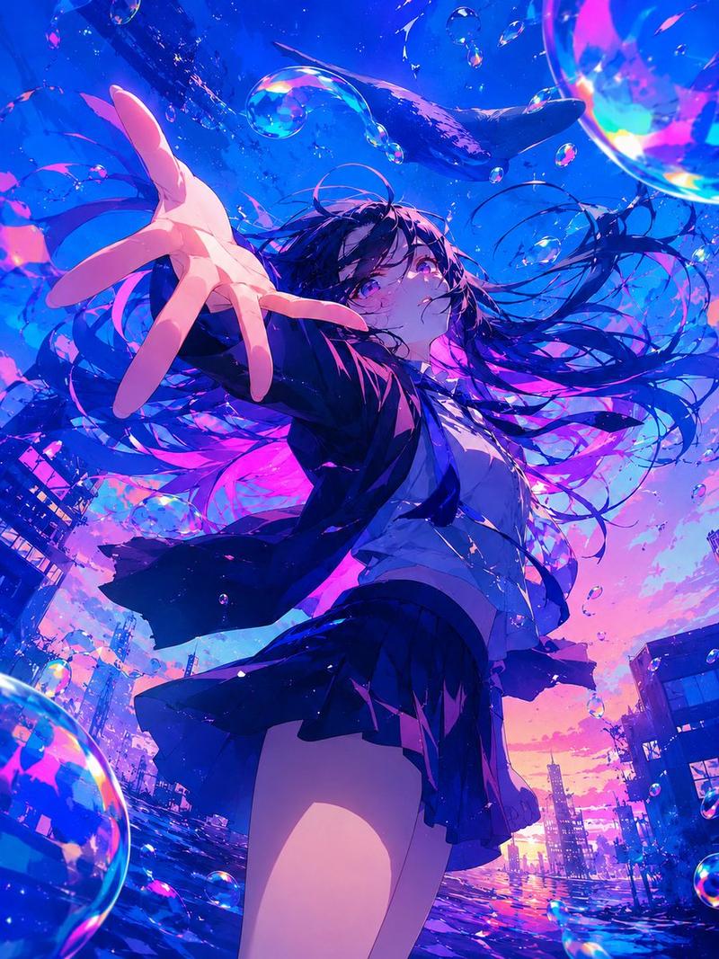 泡泡天空下的超现实动漫女学生
