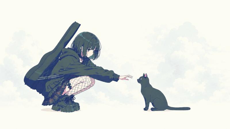 动漫少女伸手触碰猫咪