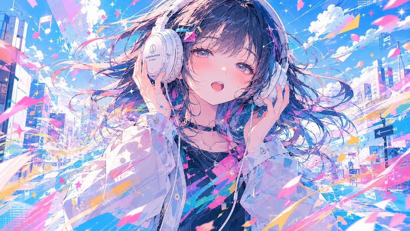 佩戴录音室耳机的动漫少女