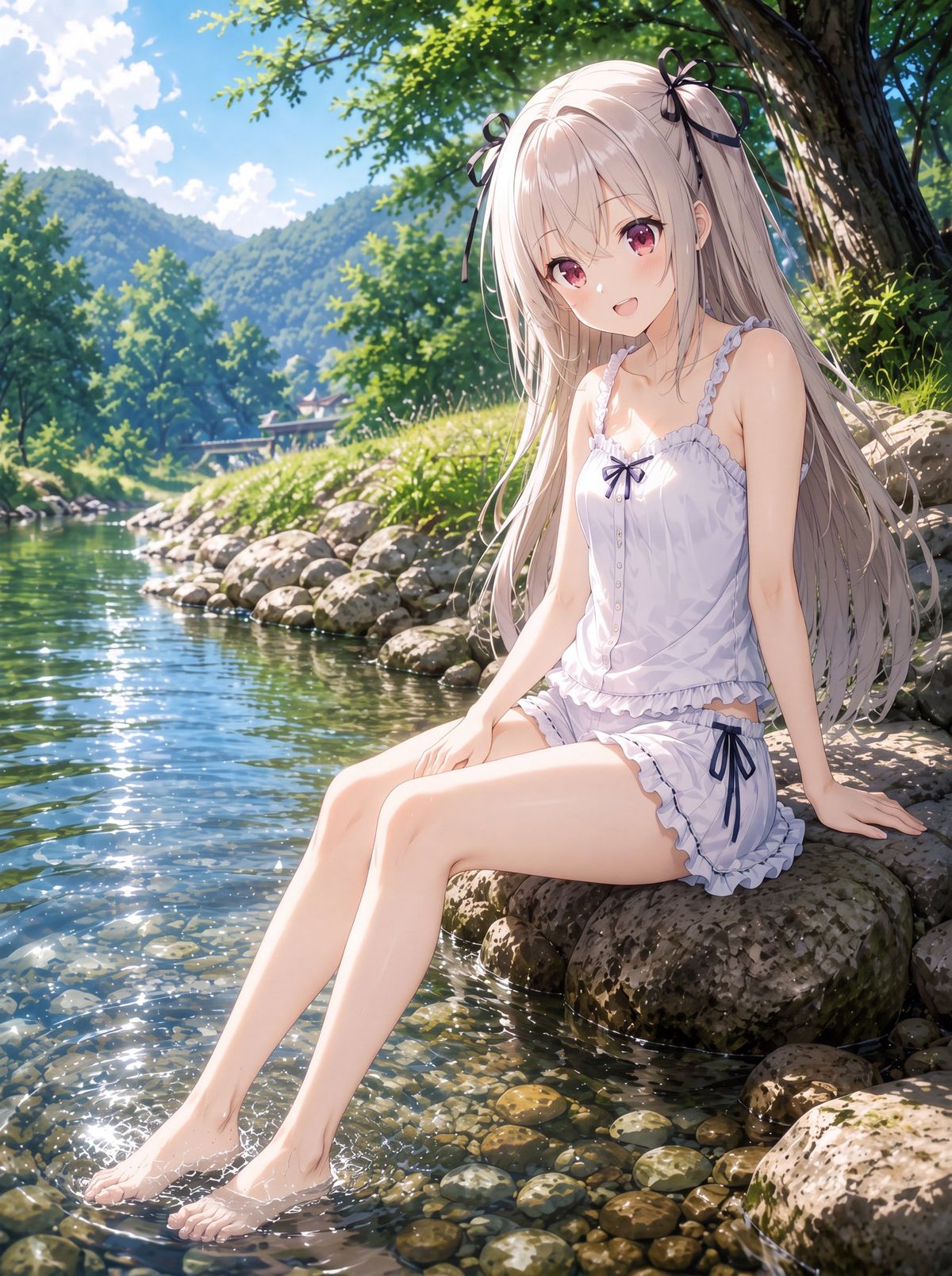 山间溪流边的动漫少女